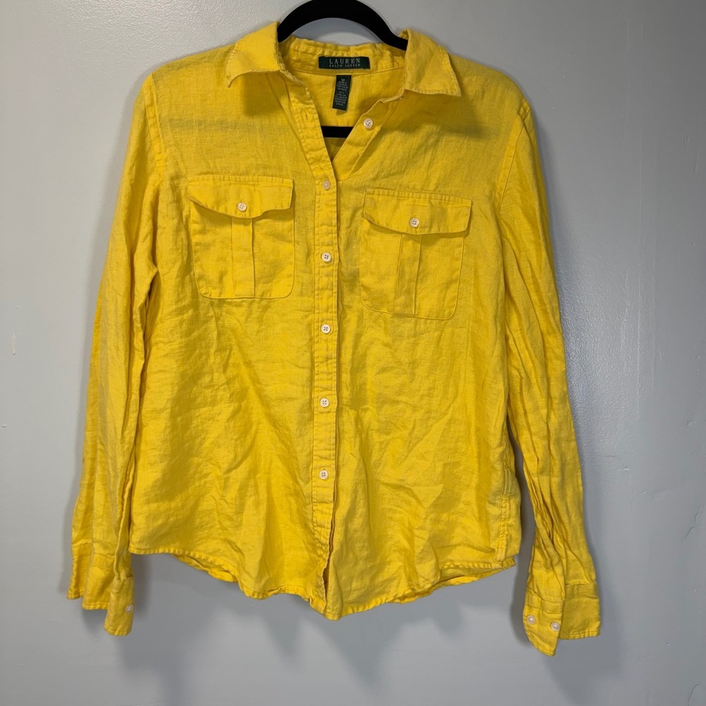 Lauren Ralph Lauren Yellow‎ 100% Linen Roll Tab Button Down Shirt Womens Medium